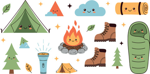 Cute camping adventure elements with tent campfire hiking boots sleeping bag and nature icons outdoor vector illustration set © MdNazmul