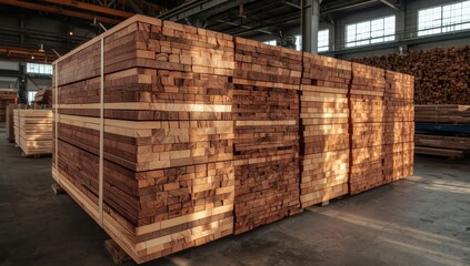 Pile of timber at factory. Construction material for building