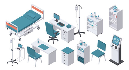 Fototapeta premium Isometric Hospital Room Furniture and Medical Equipment Set.