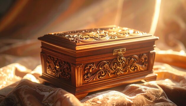 A beautifully crafted wooden jewelry box with intricate carvings and a polished finish, elegantly resting on patterned fabric under warm golden sunlight.