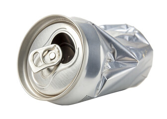 Crushed silver aluminum soda can isolated on a transparent background.
