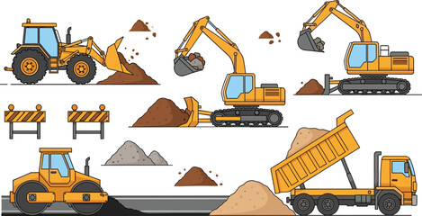 Construction Machinery Working Scene Vector Set with Excavator Loader Bulldozer Dump Truck Roller and Road Barrier Industrial Equipment Illustration © MdMojnu