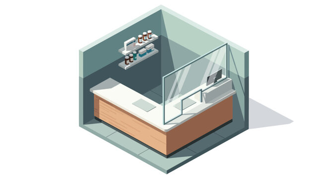 Isometric view of a modern reception desk with a protective screen and office equipment.