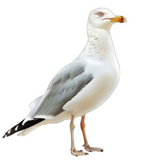 Fototapeta premium A seagull stands confidently against a black background, showcasing its white and gray feathers.