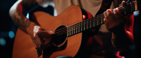 Fototapeta premium The Acoustic Guitar Close Up Featuring Tattooed Hands Strumming Warm Wood on Stage