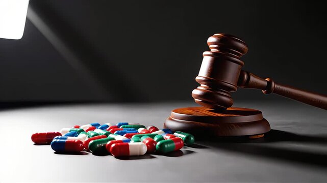 Legal battle over pharmaceuticals a gavel rests beside a pile of colorful capsules on a dark background