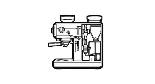 Cross section of a professional espresso coffee machine with an integrated grinder, schematic technical illustration of coffee maker internal components
