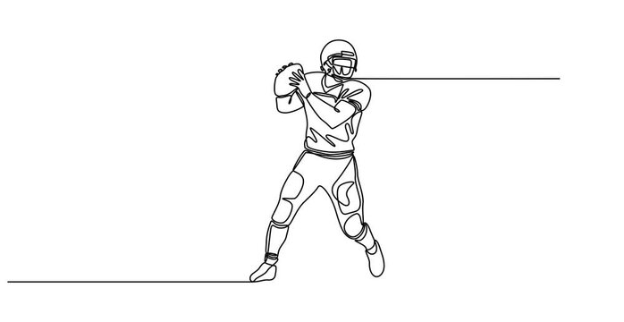 Animated self drawing of continuous line draw. Full length one line animation, Rugby ball, American football ball animated illustration, black color with white negative space stripes. minimal style.