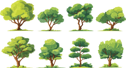 Eight stylized green trees with brown trunks and leafy canopies on white backgrounds nature plant foliage © Pixel Park