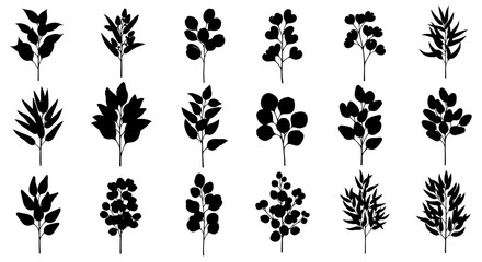 Fototapeta premium Collection of black botanical silhouettes on white background various plants and flowers for design
