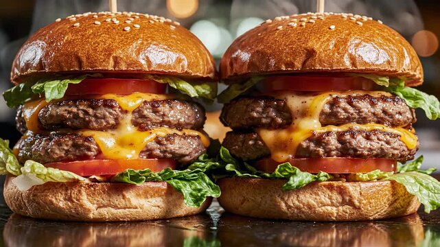 Video of two stacked burgers with sesame buns in a contemporary food showcase scene, quick service restaurant concept, hearty sandwich meal and indulgent snack marketing visual.