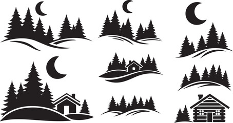 Obraz premium Black Silhouette Winter Landscape Icons with Trees and Houses