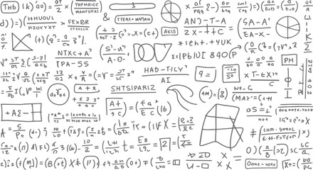 Hand drawn mathematical equations and symbols on a white background with various formulas and diagrams
