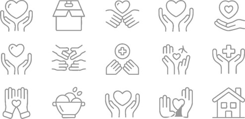 Collection of line depicting hands holding hearts medical symbols donation box and house care love