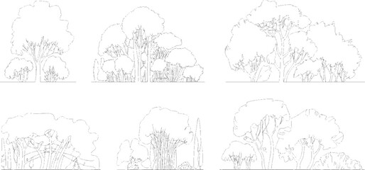 Six distinct line of various trees and shrubs arranged in clusters against a white background foliage © ESIPOOS