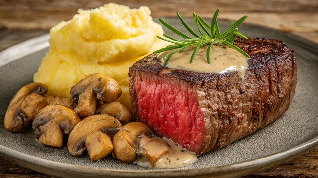 Perfectly cooked thick cut steak served with creamy mashed potatoes and saut?ed fungi