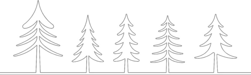 Obraz premium Five stylized grey pine trees of varying heights arranged in a horizontal line against a white background