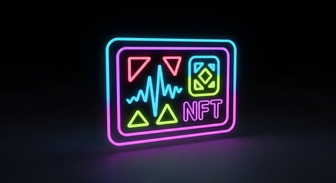 Neon NFT sign with colorful symbols and heartbeat line on dark background