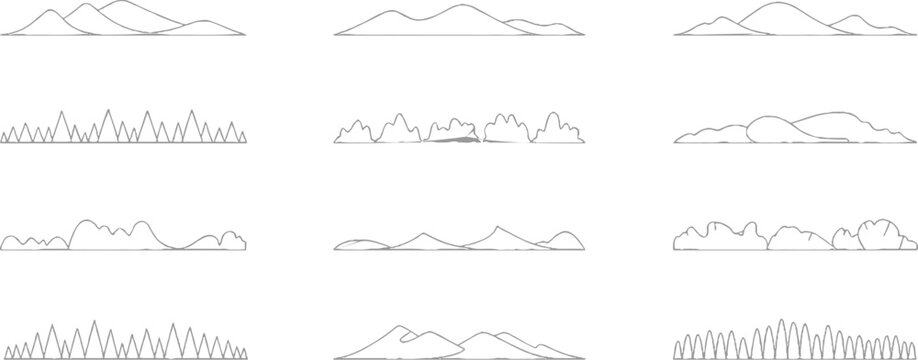 Collection of simple line mountain and cloud silhouettes in gray outline