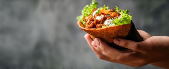 The pita pocket filled with seasoned chicken, lettuce, and creamy sauce held by hand