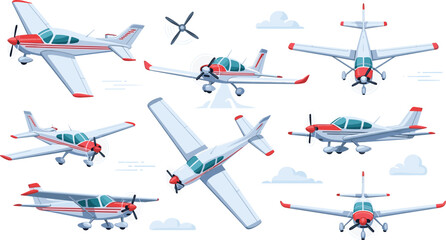 Light Aircraft Airplane Collection Featuring Small Propeller Planes Flying in Different Angles for Aviation, Pilot Training, and Transportation Design © Sanjida