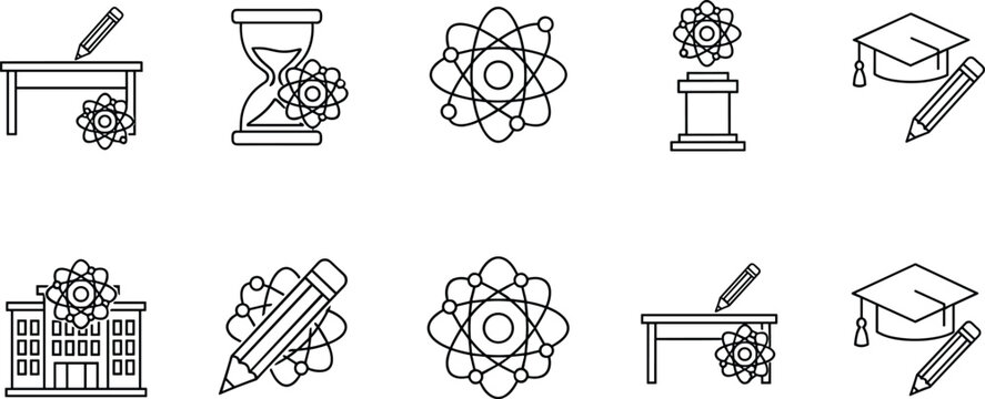 Set of Science and Education Line Icons Featuring Atoms Mortarboards Pencils and School Buildings Vector Illustration Isolated on White Background for Learning