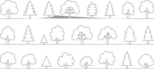 Collection of stylized line trees in rows against a white background nature forest outline © ESIPOOS