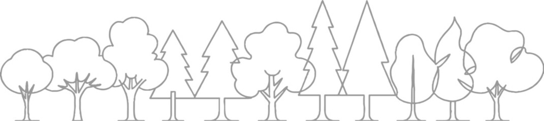 A line of various deciduous and coniferous trees in a row forest nature outline © ESIPOOS