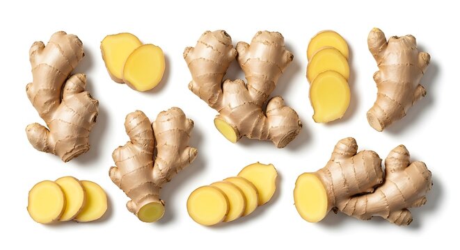 Assorted pieces and slices of fresh ginger roots displayed together. gember 