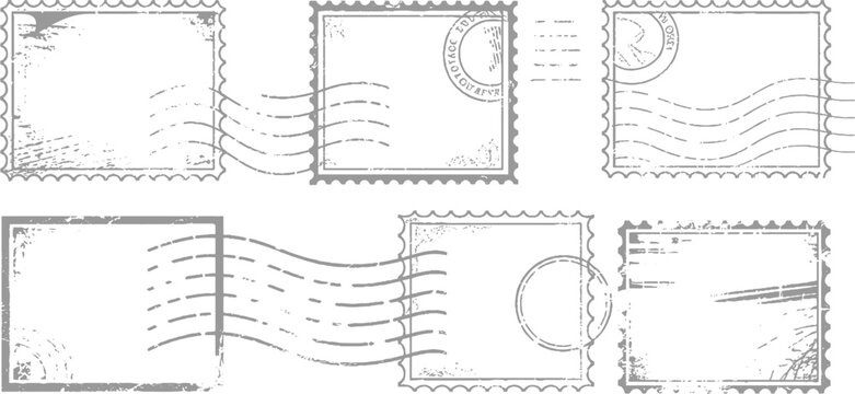 Collection of six distressed grey postage stamp outlines with wavy postmarks and circular stamps