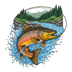 Fototapeta premium Brown trout jumping out of water with mountain and forest background vintage vector illustration