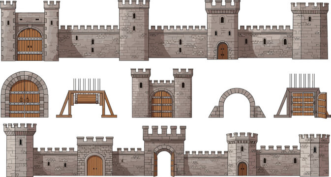Medieval Castle Wall and Gate Collection Featuring Stone Fortification Towers, Arched Gates, and Wooden Drawbridge for Historic Architecture and Fantasy Design