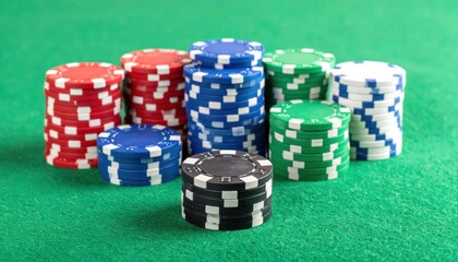 Neatly organized stacks of colorful casino chips in red, blue, green, and black, arranged by color and value on a vibrant green felt gaming table, ready for play.