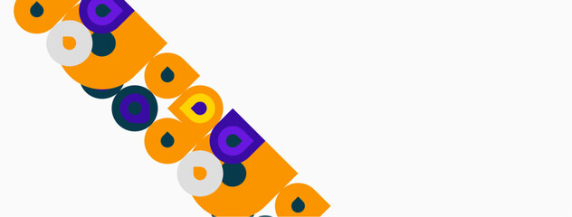 Abstract design features colorful circles, squares along orange stripe. Minimalist composition, clean lines, modern aesthetic. Simple geometry dominates image.