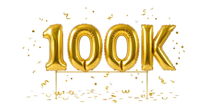 A gold 100k celebratory sign with confetti