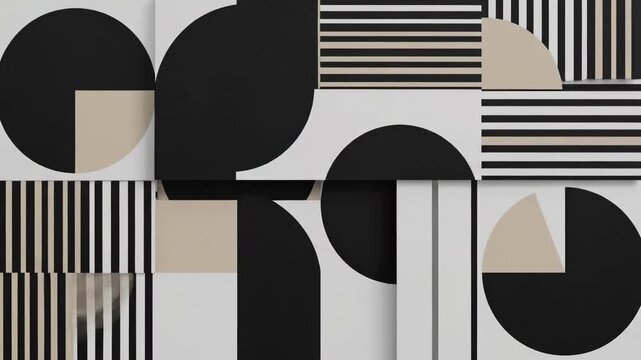 Abstract minimal element mid century vector set presented as a clean flat composition of monochrome geometric shapes, bold circles, half-moons, rectangles, and linear stripe patterns arranged in a