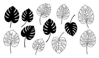 Tropical monstera leaf icons black silhouette and outline botanical vector design set © MdRoni