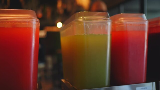 A gentle, wide-angle panning shot glides across a vibrant display of fresh, cold fruit juices in clear dispensers. Features orange, red, and green beverages