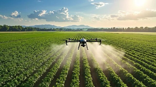 Agricultural drone spraying crops in a field, showcasing modern farming technology and innovation.