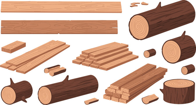 Wood Timber and Lumber Collection Featuring Tree Logs, Wooden Planks, Boards, and Cut Timber for Carpentry, Construction, and Woodworking Design