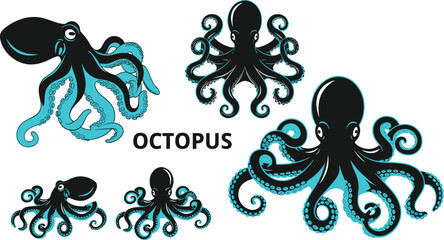 Collection of stylized octopus vector illustrations in black and cyan blue showing different poses for sea life logo and tattoo © Galib