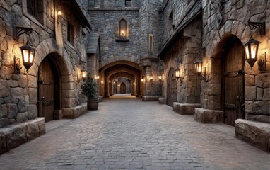 Fototapeta premium Historical Fortress Courtyard Surrounded by Stone Walls