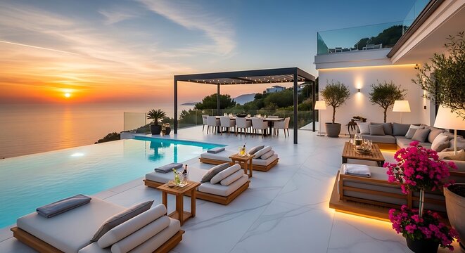 Luxurious villa with infinity pool overlooking the ocean at sunset, featuring an outdoor dining area and comfortable lounge spaces.