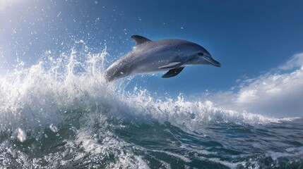 Fototapeta premium dolphin leaping high above sparkling ocean wave in bright summer sunlight, water droplets frozen in air, joyful marine wildlife moment, hyper