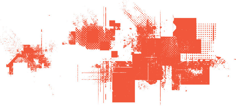 Orange abstract grunge shapes and textures with halftone dots and splatters on white background