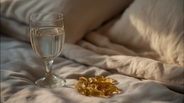 A cozy bedroom scene showcasing a glass of water alongside melatonin tablets, emphasizing the importance of sleep hygiene and establishing a nighttime ritual for optimal rest and rejuvenation.
