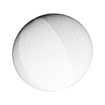 Abstract geometric wireframe sphere made of intersecting grid lines representing global digital technology network structure