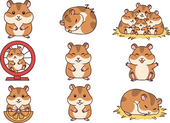 Obraz premium Cute Hamster Cartoon Character Set with Sleeping, Running Wheel, Eating, and Family Hamsters in Adorable Animal Poses for Kids, Pets, and Mascot Designs