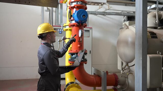Asian industrial plant maintenance engineer inspecting factory pipeline system using digital tablet and communication radio. Professional worker checking manufacturing facility valve pressure equipmen