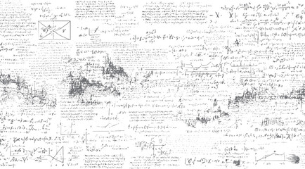 Handwritten mathematical formulas and diagrams on a white background with a distressed texture mathematics © Pixel Park